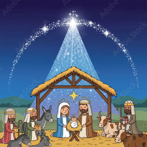 Nativity scene illustration featuring Mary, Joseph, baby Jesus in a manger, three wise men, animals, and a bright star shining above a stable.