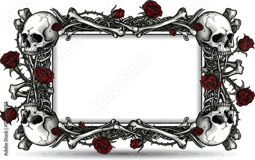 A frame made of skulls bones and roses with a white background and a white rectangular center