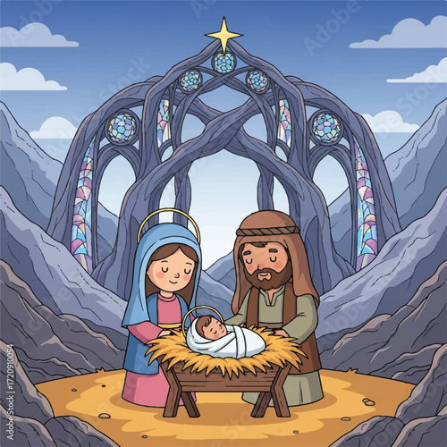 Cartoon illustration depicting the nativity scene with Mary, Joseph, and baby Jesus in a manger under a star-topped archway.