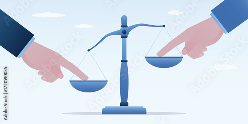 Approval of inequality and lawlessness. Corruption, illegal. Arguments, evidence and tricks in trial. Hands pushing the scales bowls with index fingers from different sides.