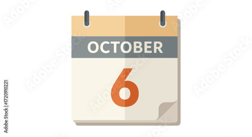 Flat design of a calendar page displaying October 6th, ideal for reminders and event planning, representing a specific date with a minimalist approach