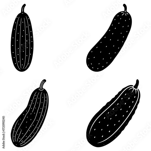 Four black and white cucumbers with small dots in different orientations on a white background image view