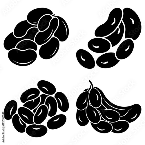Illustration of four clusters of black beans and kidney beans on a white background in vector format