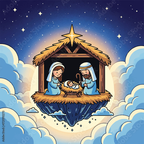 Cartoon depiction of the Nativity scene, with Mary, Joseph, baby Jesus, and a stable on a floating rock above clouds at night.