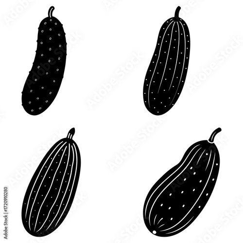 Four monochrome cucumbers with varying textures and shapes arranged on a white background design element