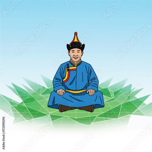 Smiling Tibetan man in traditional blue robe, seated on abstract green landscape.