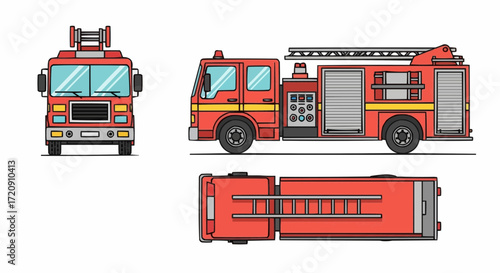 Fire Truck Illustration: Vector Fire Engine Side, Front and Top View, Isolated