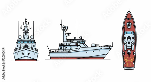 Detailed Vector Illustration of a Modern Naval Vessel, Ship, Boat, Perspective View