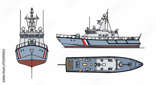 Coast Guard Boat Illustration: Side, Top, and Front Views, Vector Graphics