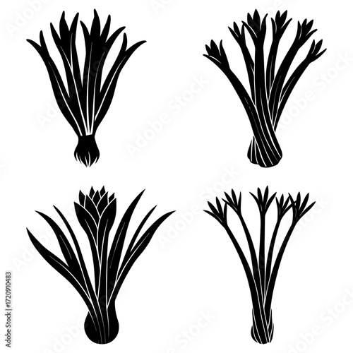 Four floral arrangements in black silhouette showing different stages of plant growth and development cycle