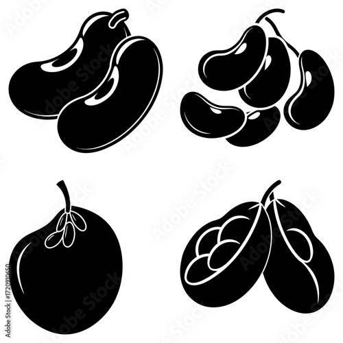 Illustration of various legumes including beans on a vine and peas in a pod in black and white style