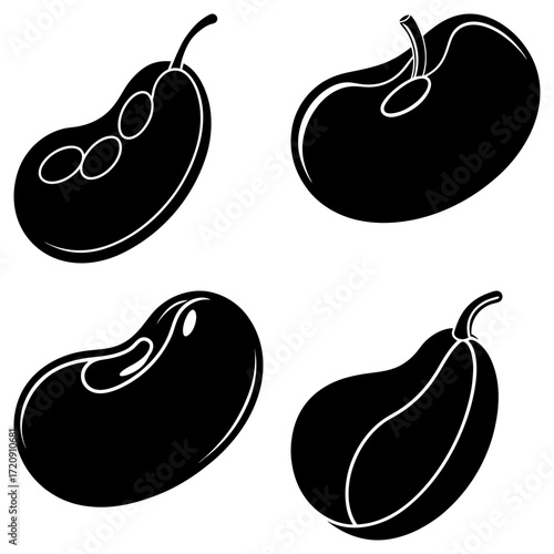 Illustration showing four black and white stylized beans with stems and varied internal markings