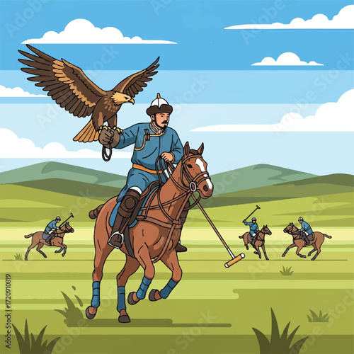 A nomadic horseman, holding an eagle, participates in a traditional polo match in a vast steppe landscape.
