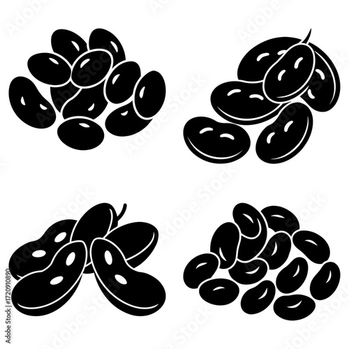 Illustration of four groups of black beans with white highlights on a white isolated background