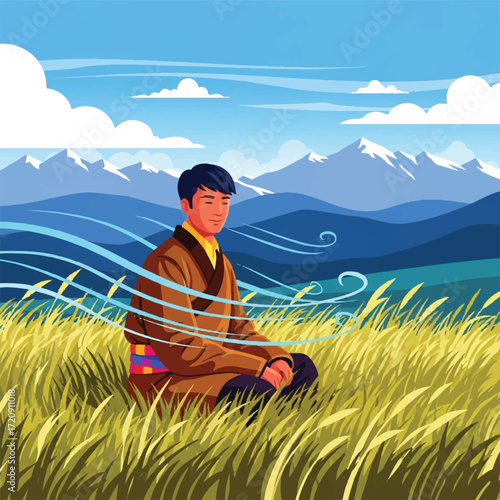 Peaceful Tibetan man meditating in a mountain meadow,  with flowing robes and windswept grass.