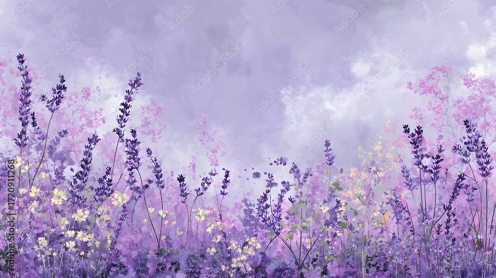 Naklejka premium Soft focus lavender field under a hazy pastel sky romantic and serene natural beauty landscape serene atmosphere serene meadow blooming purple flowers floral background fresh delicate aroma