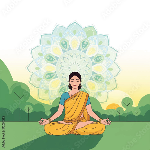 Woman in yellow sari meditates peacefully outdoors, serene landscape backdrop, mandala.
