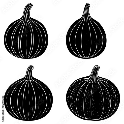 Four black and white figs arranged in a square pattern with detailed line work and stem features
