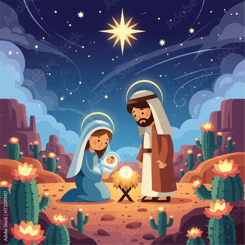 Holy Family Nativity scene, desert landscape, nighttime, star, baby Jesus.