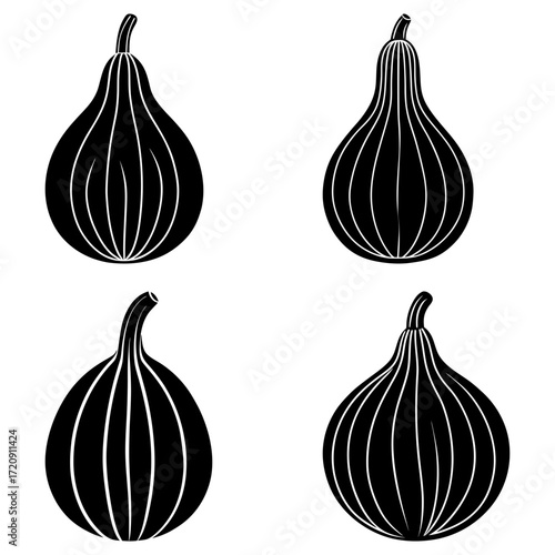 Four black and white fig fruits with vertical lines and stems arranged in a square pattern on white