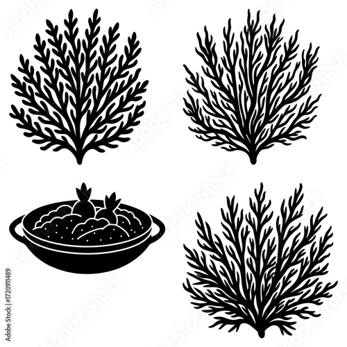 Illustration of three black seaweed plants and a bowl of food with two garnish toppings