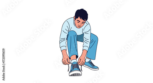 Illustration showcasing a young man crouching to tie the laces of his vibrant blue sneakers on a pristine white backdrop, simple artwork style
