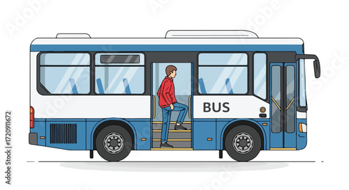 Illustration of a passenger boarding a blue and white city bus for transportation commuting in the city with urban mobility concept
