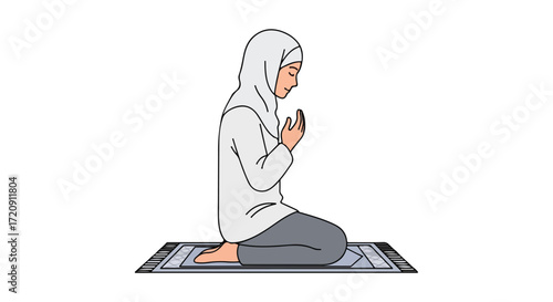 Illustration of a Muslim woman kneeling and praying, showcasing faith and devotion, rendered in a clean, minimalist style on a pristine white