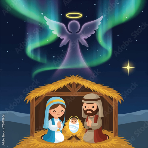 Holy family, baby Jesus, angel, nativity scene, northern lights, Christmas.