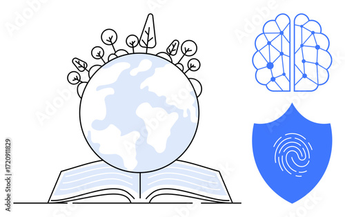 Earth with plants emerging from an open book, interconnected brain, and shield with fingerprint. Ideal for education, innovation, ecology, technology, sustainability, security and growth concepts