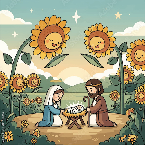 A whimsical nativity scene, Mary and Joseph kneeling beside baby Jesus amidst a field of smiling sunflowers at sunset.