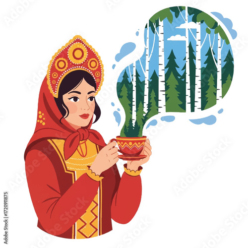 Woman in traditional Russian attire enjoys a warm beverage, steam forming a birch forest scene.