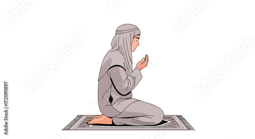 Muslim woman praying on a traditional rug with serene reverence and spiritual devotion in a minimalist graphic rendition