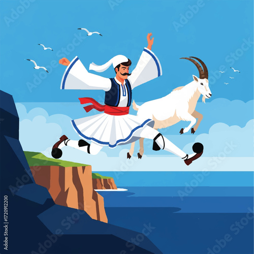 A man in traditional attire joyfully rides a goat near a cliffside overlooking the sea.