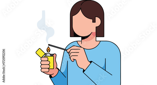 Abstract vector illustration of a person lighting incense with a yellow lighter on a white background