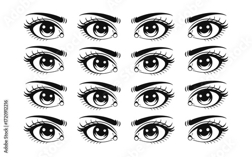 Monochrome vector illustration featuring a repeating pattern of a woman's stylized eyes, symbolizing observation and beauty