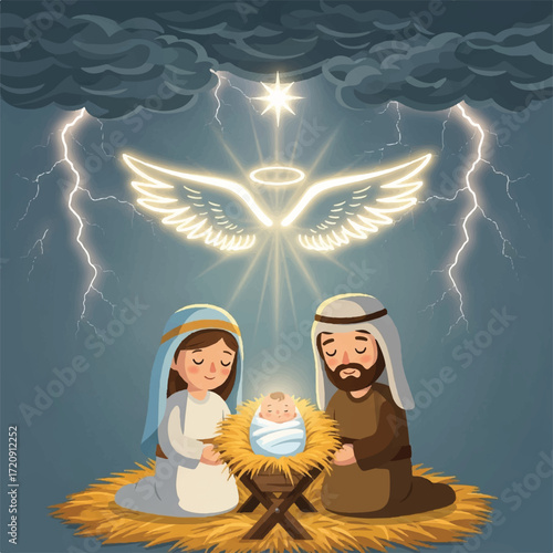 A cartoon depiction of the Nativity scene, featuring Mary, Joseph, and the newborn baby Jesus, with a glowing angel and lightning.