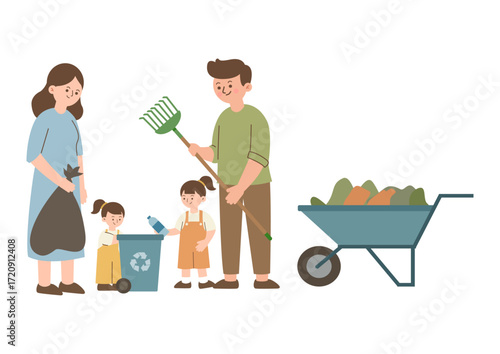Family Volunteering for a Clean Community, Flat Design Vector on a white Background