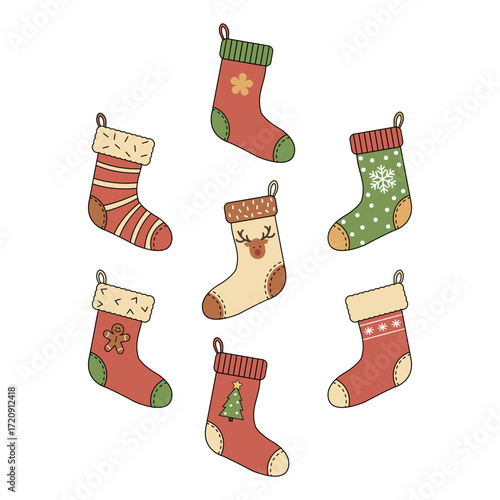 Various Christmas Stockings - Minimal Flat Design, Warm Colors on a White Background, Symbolizing Holiday Traditions