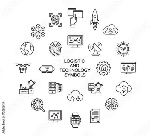 Logistics and Technology Symbols, Simple Flat Design Vector Icons on a White Background