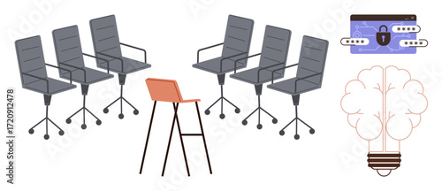 Office chairs positioned around an orange stool, a thought-lightbulb symbol for innovation, and a locked credit card suggesting online security. Ideal for business, teamwork, innovation, protection