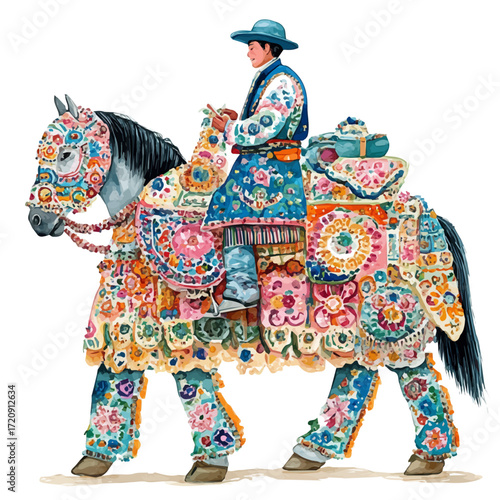 Mongolian Horse Festival, watercolor painting vector, isolated on a white background.
