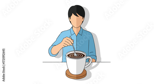 Illustrated man stirring a mug of dark liquid, symbolizing routine and thoughtful pause in a minimalist design, isolated on white