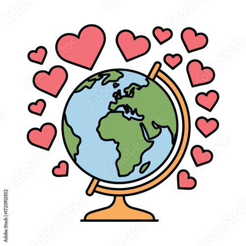 A globe surrounded by hearts, representing love for the world, travel, and global connections, ideal for social media and posters