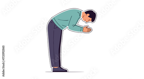 Isolated Illustration of a Man Bowing in Gratitude or Respect, Conveying Humility and Sincere Appreciation to the Audience viewing this scene