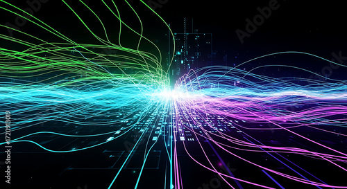 Dynamic network data stream, futuristic technology with vibrant glowing lines, perfect for modern tech company branding and innovative digital solutions visuals