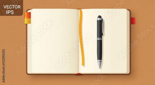Open notebook journal with pen for writing notes and planning tasks in business or personal life style 100