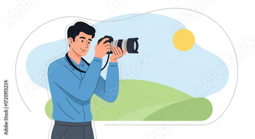 Professional photographer taking photos of landscape with dslr camera photography hobbyist outdoors scenic view