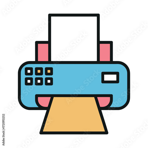 A vibrant illustration of a printer with paper, , symbolizing office equipment, document printing, and technology for home or business use
