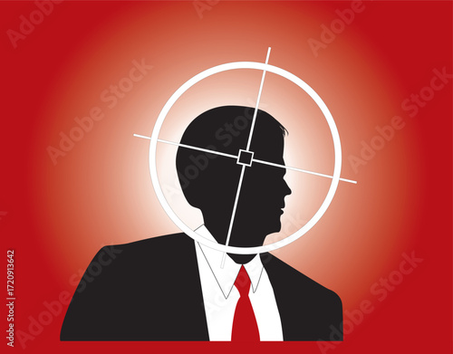 Targeted Head Shot Of A Businessman In Silhouette With Crosshair Over Red Background